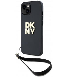 Juodas dėklas Apple iPhone 14 telefonui "DKNY PU Leather Stack Logo Wrist Strap Case"