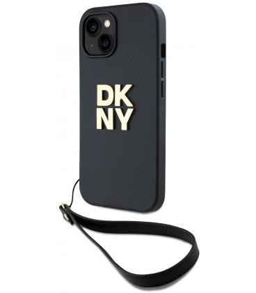 Juodas dėklas Apple iPhone 14 telefonui "DKNY PU Leather Stack Logo Wrist Strap Case"