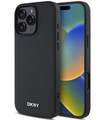 Juodas dėklas Apple iPhone 16 Pro Max telefonui "DKNY PU Leather Silver Metal Logo Magsafe Case"