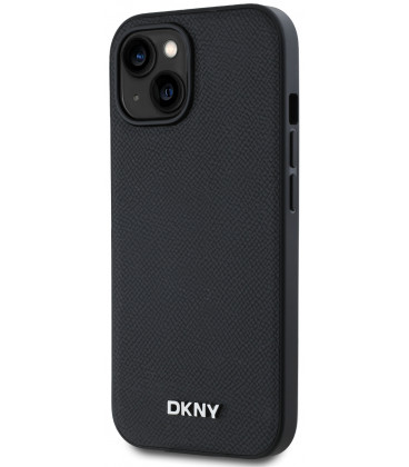 Juodas dėklas Apple iPhone 14 telefonui "DKNY PU Leather Silver Metal Logo Magsafe Case"