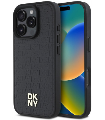 Juodas dėklas Apple iPhone 16 Pro telefonui "DKNY PU Leather Repeat Pattern Stack Logo MagSafe Case"