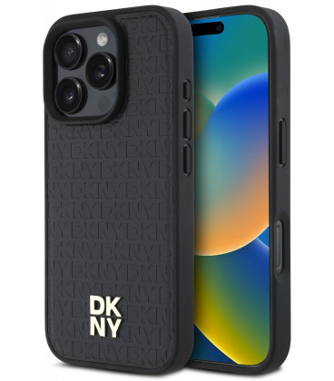 Juodas dėklas Apple iPhone 16 Pro Max telefonui "DKNY PU Leather Repeat Pattern Stack Logo MagSafe Case"