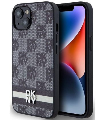 Juodas dėklas Apple iPhone 13 telefonui "DKNY PU Leather Checkered Pattern and Stripe Case"