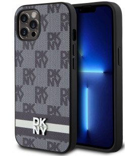 Juodas dėklas Apple iPhone 12 / 12 Pro telefonui "DKNY PU Leather Checkered Pattern and Stripe Case"