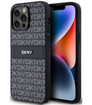 Juodas dėklas Apple iPhone 14 Pro telefonui "DKNY PU Leather Repeat Pattern Tonal Stripe Case"