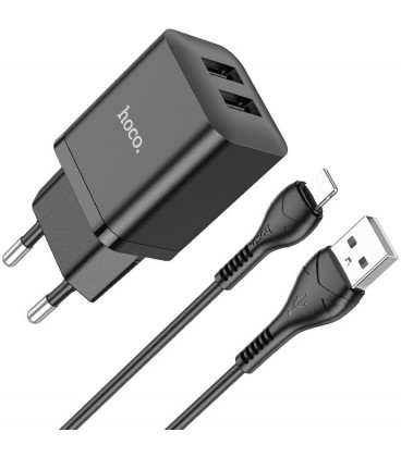 Juodas 2.1A 2xUSB-A pakrovėjas + USB-A - Lightning 100cm laidas "Hoco N25"