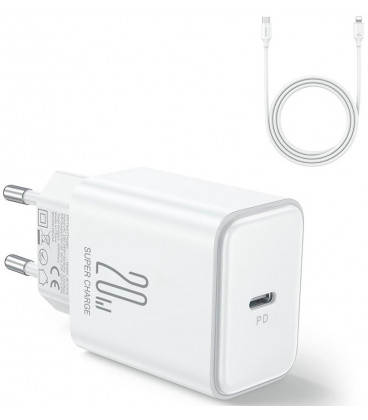 Baltas PD20W 1xUSB-C pakrovėjas + USB-C - Lightning 100cm laidas "Joyroom JR-TCF06"