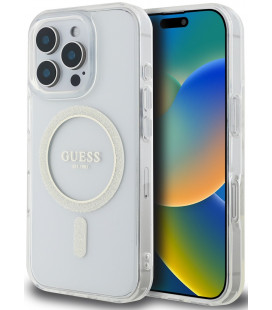 Skaidrus dėklas Apple iPhone 16 Pro Max telefonui "Guess IML Glitter Ring MagSafe Case"