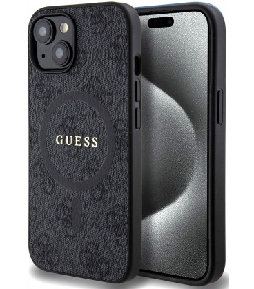 Juodas dėklas Apple iPhone 15 telefonui "Guess PU Leather 4G Colored Ring MagSafe Case"