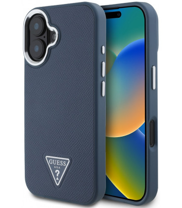 Mėlynas dėklas Apple iPhone 16 telefonui "Guess PU Grained Triangle Logo Case"