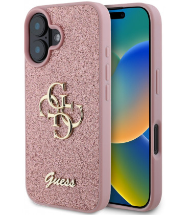 Rožinis dėklas Apple iPhone 16 telefonui "Guess PU Fixed Glitter 4G Metal Logo Case"