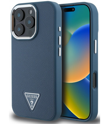 Mėlynas dėklas Apple iPhone 16 Pro telefonui "Guess PU Grained Triangle Logo Case"