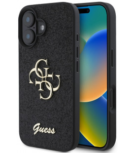 Juodas dėklas Apple iPhone 16 telefonui "Guess PU Fixed Glitter 4G Metal Logo Case"