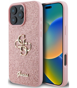 Rožinis dėklas Apple iPhone 16 Pro telefonui "Guess PU Fixed Glitter 4G Metal Logo Case"