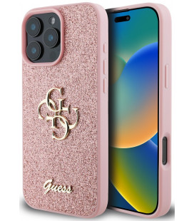 Rožinis dėklas Apple iPhone 16 Pro Max telefonui "Guess PU Fixed Glitter 4G Metal Logo Case"