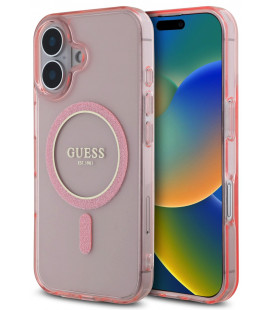 Rožinis dėklas Apple iPhone 16 telefonui "Guess IML Glitter Ring MagSafe Case"