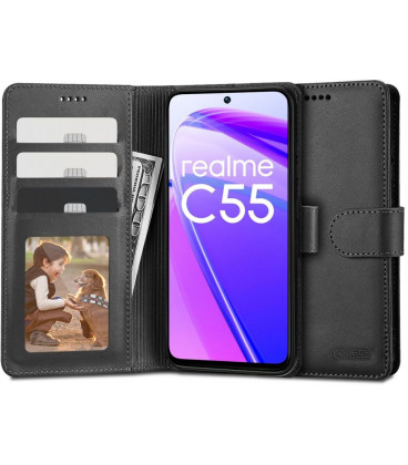 Juodas atverčiamas dėklas Realme C55 telefonui "Tech-Protect Wallet"