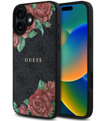 Juodas dėklas Apple iPhone 16 telefonui "Guess PU Leather 4G Roses MagSafe Case"