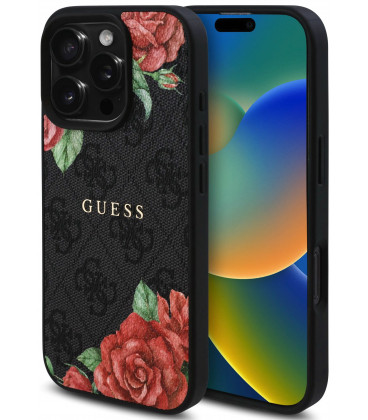 Juodas dėklas Apple iPhone 16 Pro telefonui "Guess PU Leather 4G Roses MagSafe Case"