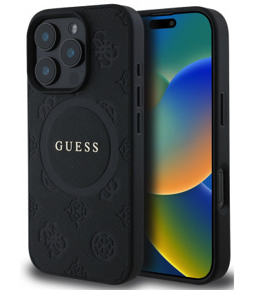 Juodas dėklas Apple iPhone 16 Pro Max telefonui "Guess Saffiano Peony Stamp MagSafe Case"