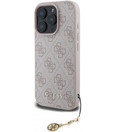 Rožinis dėklas Apple iPhone 16 Pro telefonui "Guess 4G Charm Case"