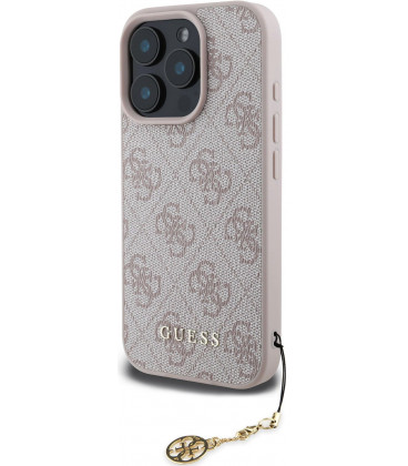 Rožinis dėklas Apple iPhone 16 Pro Max telefonui "Guess 4G Charm Case"