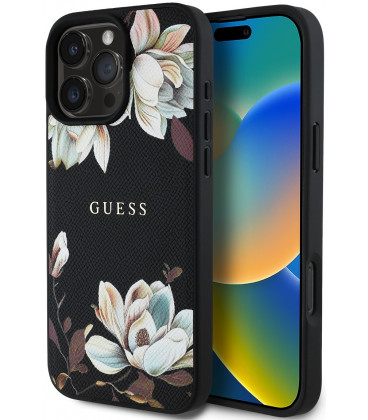 Juodas dėklas Apple iPhone 16 Pro Max telefonui "Guess PU Grained Magnolia MagSafe Case"