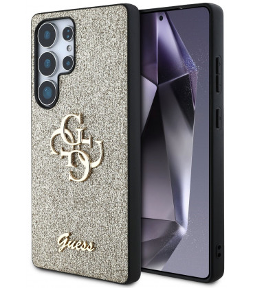 Auksinės spalvos dėklas Samsung Galaxy S25 Ultra telefonui "Guess PU Fixed Glitter 4G Metal Logo Case"