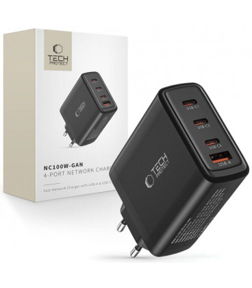 Juodas 3xType-C + 1xUSB PD100W/QC3.0 pakrovėjas "Tech-Protect NC100W-GAN 4-Port"