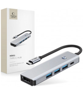 Pilkas adapteris - šakotuvas Type-C + USB3.0 + HDMI 4K 60HZ + PD100W "Tech-Protect HB01 Hub 5in1"