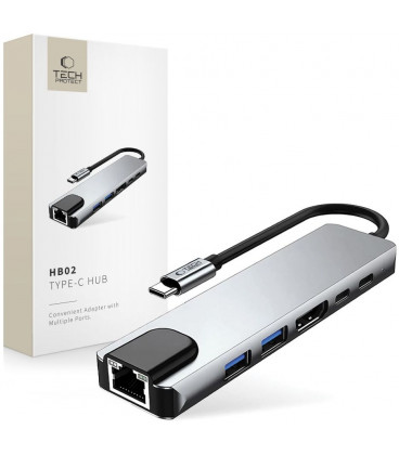 Pilkas adapteris - šakotuvas Type-C + USB2.0 + USB3.0 + HDMI 4K 30HZ + RJ45 + PD100W "Tech-Protect HB02 Hub 6in1"