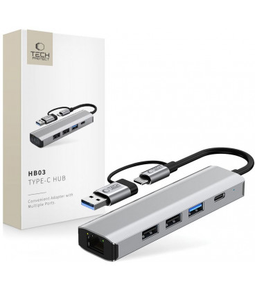 Pilkas adapteris - šakotuvas Type-C + USB2.0 + USB3.0 + RJ45 "Tech-Protect HB03 Hub 5in1"