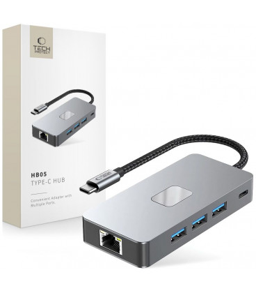 Pilkas adapteris - šakotuvas Type-C + USB2.0 + USB3.0 + HDMI 4K 60HZ + SD/TF + PD100W + RJ45 "Tech-Protect HB05 Hub 9in1"