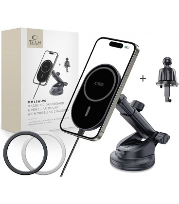 Juodas automobilinis magnetinis telefono laikiklis su 15W belaidžiu krovimu "Tech-Protect MM15W-V6 Dash & Vent"