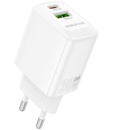 Baltas 1xUSB-A + 1xUSB-C QC 3.0 PD30W GaN pakrovėjas "Borofone Wall charger BN29 Fuente"