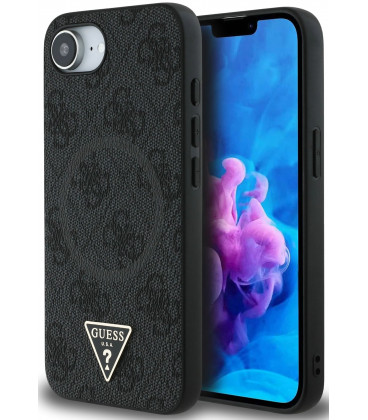 Juodas dėklas Apple iPhone 16E / 17E telefonui "Guess PU 4G Strass Triangle Metal Logo Case"