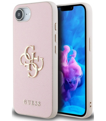 Rožinis dėklas Apple iPhone 16E telefonui "Guess PU Grained 4G Metal Logo Case"