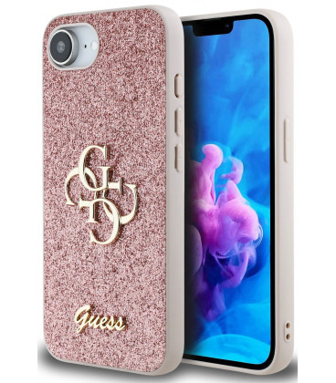 Rožinis dėklas Apple iPhone 16E / 17E telefonui "Guess PU Fixed Glitter 4G Metal Logo Case"