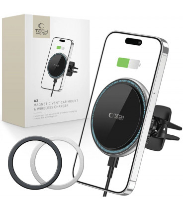 Juodas automobilinis magnetinis telefono laikiklis su 15w belaidžio krovimo funkcija "Tech-Protect A2 Vent"