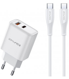 Baltas 22.5W 1xUSB-A + 1xUSB-C pakrovėjas + 100cm USB-C - USB-C laidas "Awei PD81C-EU"
