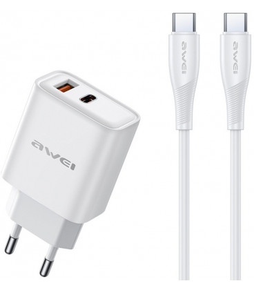 Baltas 22.5W 1xUSB-A + 1xUSB-C pakrovėjas + 100cm USB-C - USB-C laidas "Awei PD81C-EU"