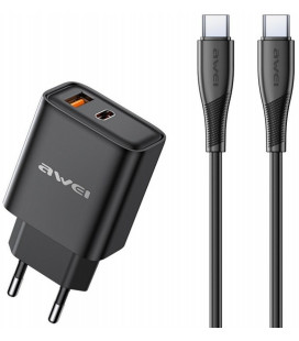 Juodas 22.5W 1xUAB-A + 1xUSB-C pakrovėjas + 100cm USB-C - UAB-C laidas "Awei PD81C-EU"