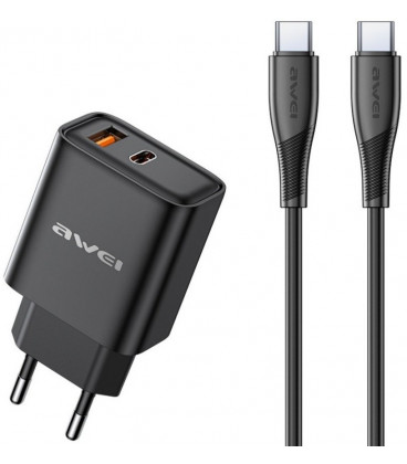 Juodas 22.5W 1xUAB-A + 1xUSB-C pakrovėjas + 100cm USB-C - UAB-C laidas "Awei PD81C-EU"