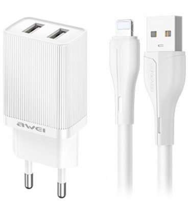 Baltas 10W 2xUSB-A pakrovėjas + 100cm USB-A - Lightning laidas "Awei C15L-EU"