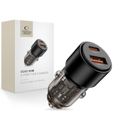 Juodas automobilinis (95W / PD95W / QC3.0) 1x-USB-A + 1x-USB-C pakrovėjas "Tech-Protect CC03 2-Port"