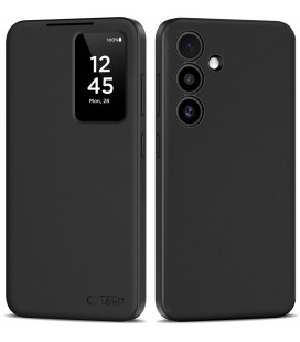 Matinis juodas atverčiamas dėklas Samsung Galaxy S25 telefonui "Tech-Protect Smart Wallet"