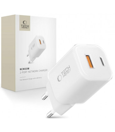 Baltas 1xUSB-A + 1xUSB-C PD33W / QC3.0 pakrovėjas "Tech-Protect NCM33W 2-Port"