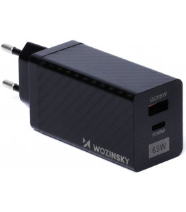 Juodas (65W / PD / QC 3.0 / GaN) 1xUAB-A + 1xUSB-C pakrovėjas "Wozinsky WWCG01"