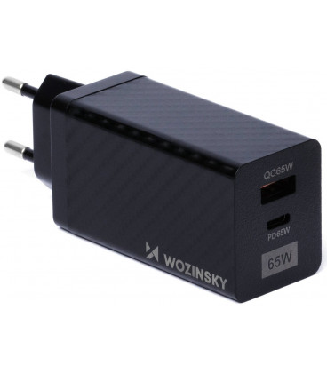 Juodas (65W / PD / QC 3.0 / GaN) 1xUAB-A + 1xUSB-C pakrovėjas "Wozinsky WWCG01"