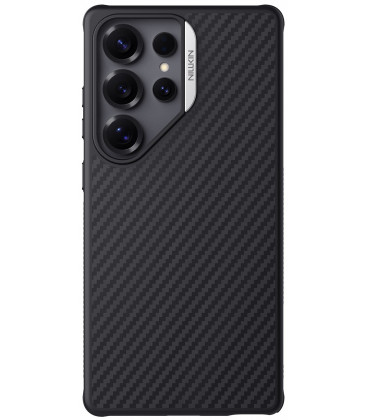 Juodas (Sidabrinės spalvos) dėklas Samsung Galaxy S25 Ultra telefonui "Nillkin Synthetic Fiber PRO Magnetic Hard"